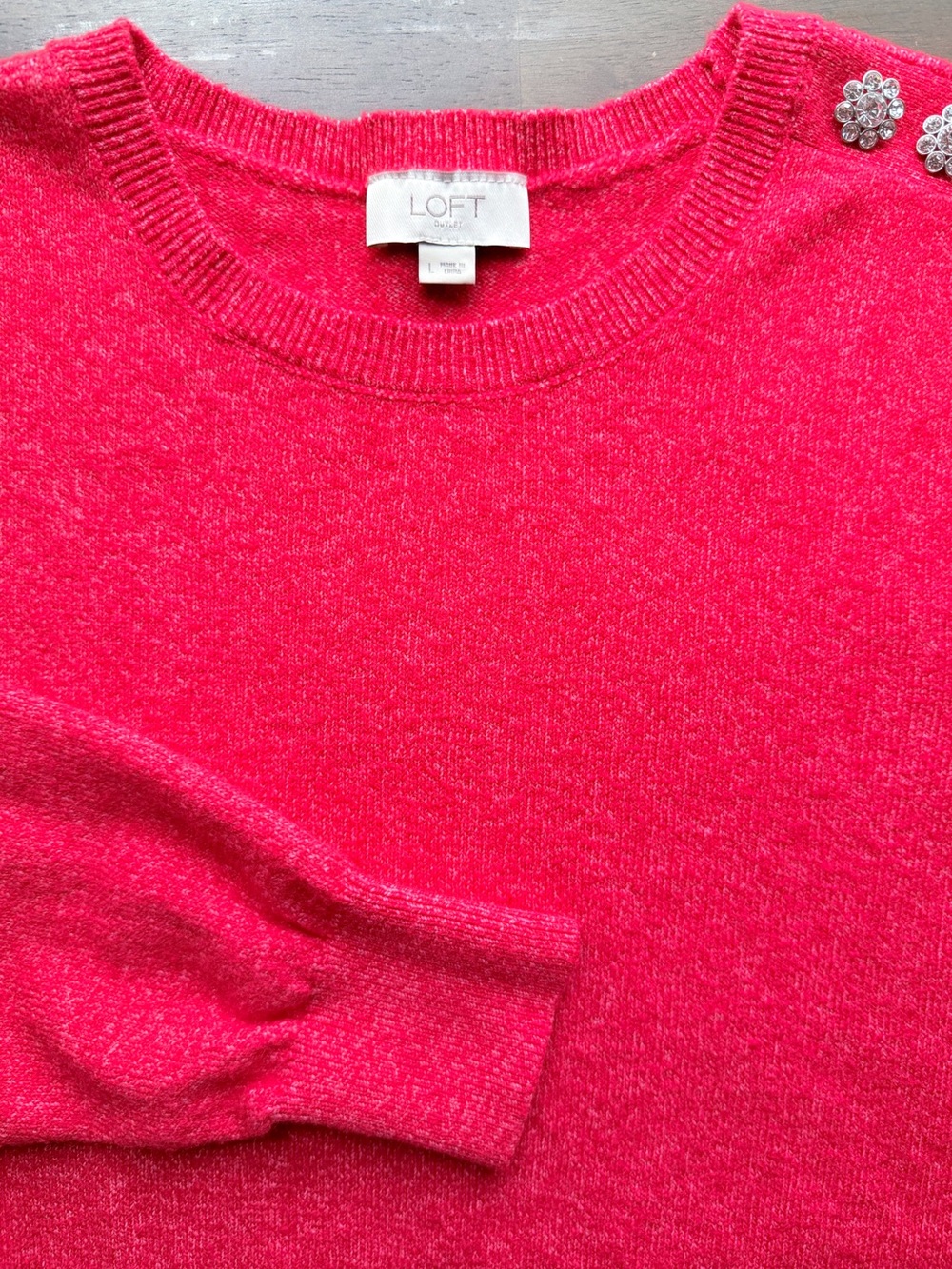 LOFT Outlet Red Embellished Shoulder Sweater Rhinestone Floral Crewneck Large - Picture 5 of 10